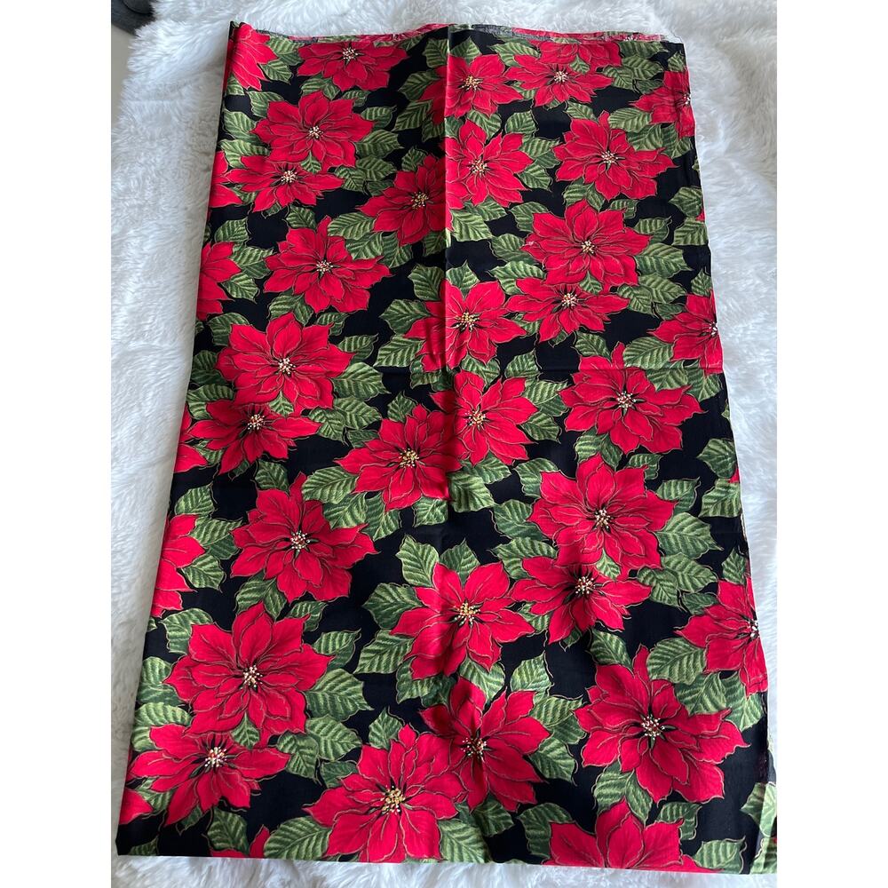 Fabric Cotton Christmas Holiday Poinsettia Floral Black Red